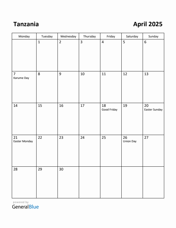 April 2025 Calendar with Tanzania Holidays