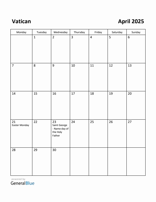 April 2025 Calendar with Vatican Holidays