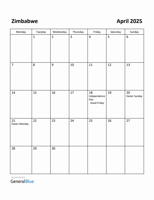 April 2025 Calendar with Zimbabwe Holidays