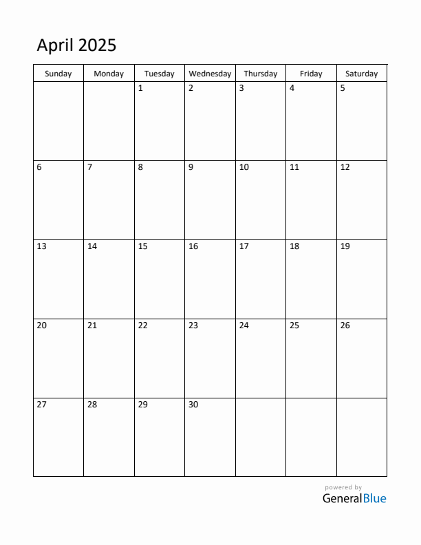 Sunday Start Calendar for April 2025