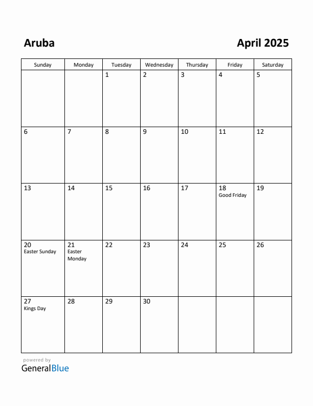 April 2025 Calendar with Aruba Holidays