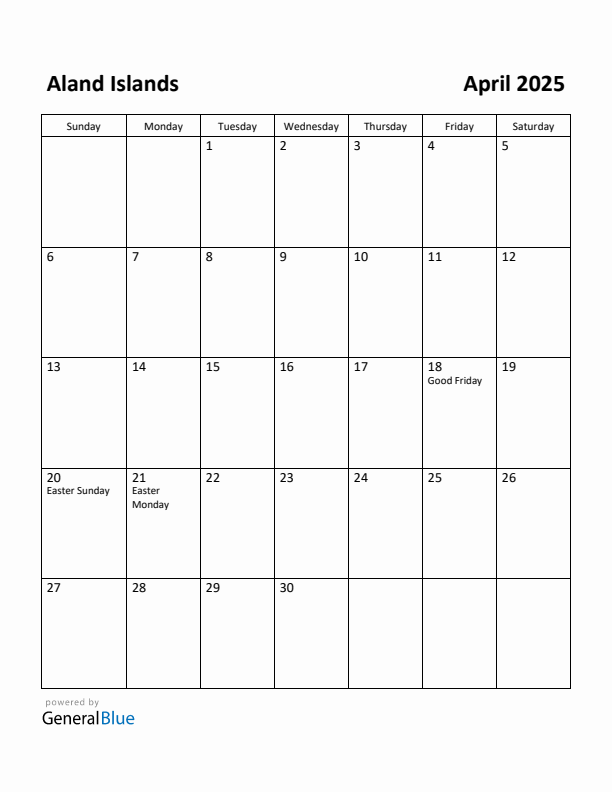 April 2025 Calendar with Aland Islands Holidays