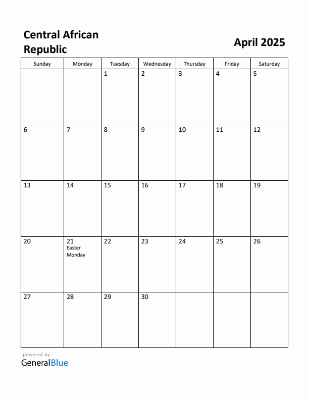 April 2025 Calendar with Central African Republic Holidays