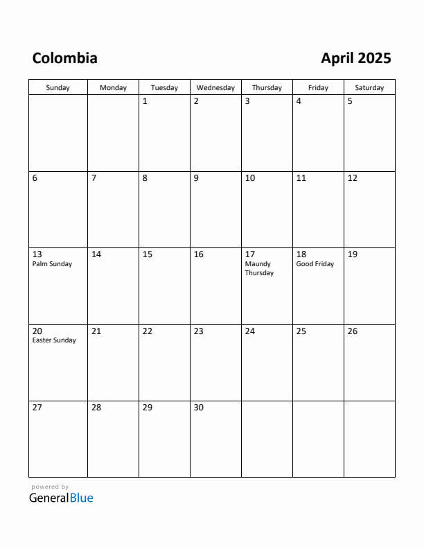 April 2025 Calendar with Colombia Holidays