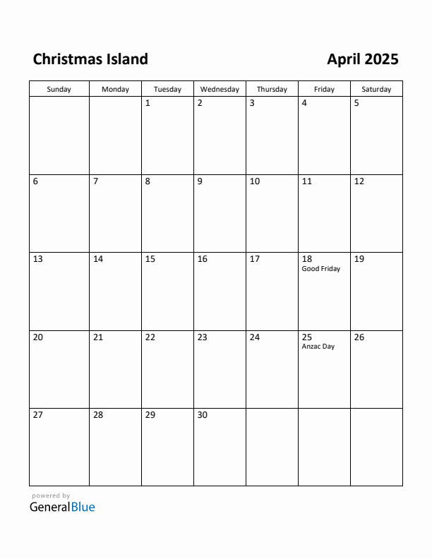 April 2025 Calendar with Christmas Island Holidays