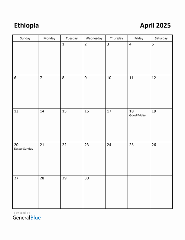 April 2025 Calendar with Ethiopia Holidays