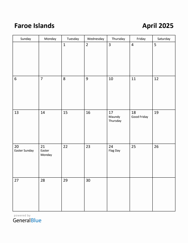 April 2025 Calendar with Faroe Islands Holidays