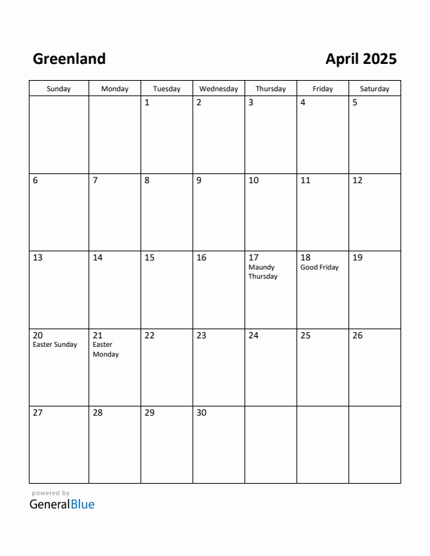 April 2025 Calendar with Greenland Holidays