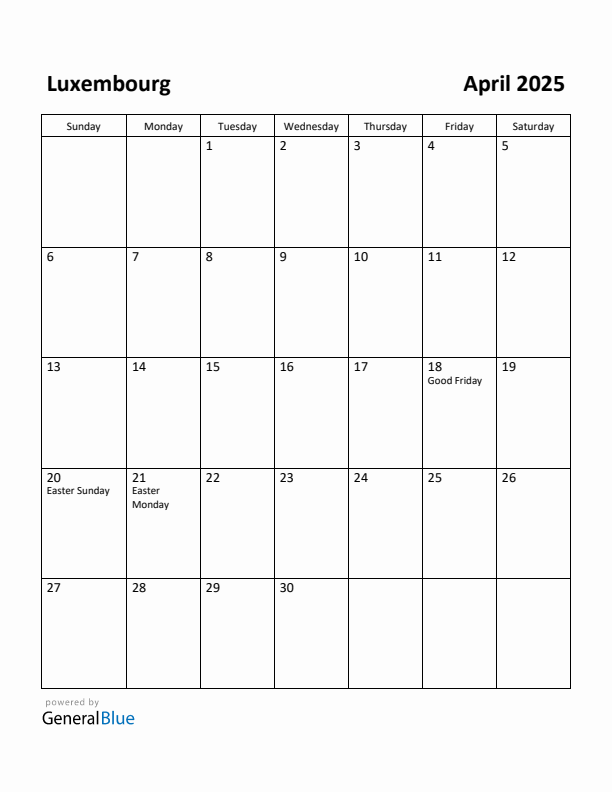 April 2025 Calendar with Luxembourg Holidays