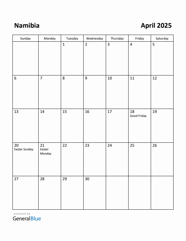 April 2025 Calendar with Namibia Holidays