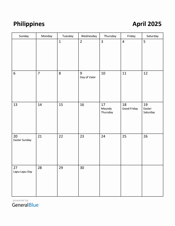 April 2025 Calendar with Philippines Holidays