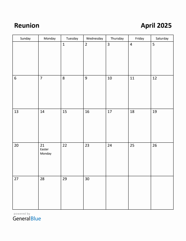 April 2025 Calendar with Reunion Holidays