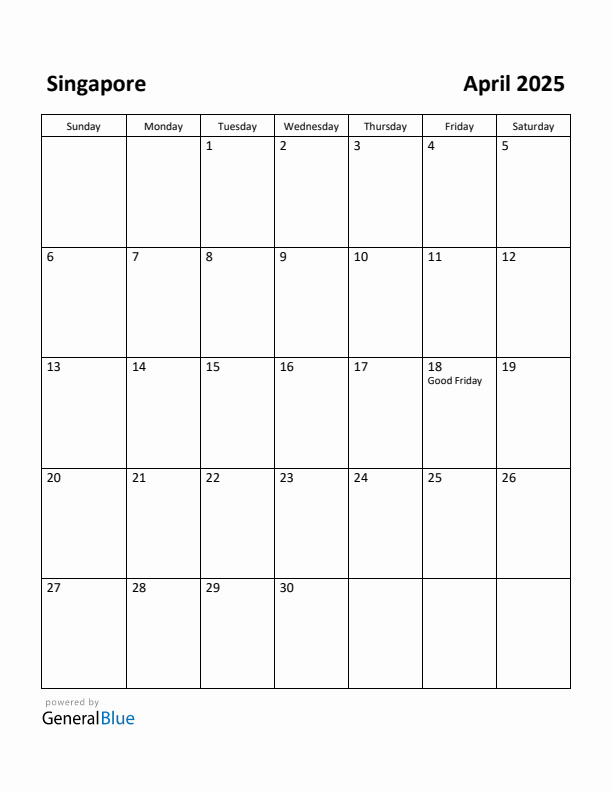 April 2025 Calendar with Singapore Holidays