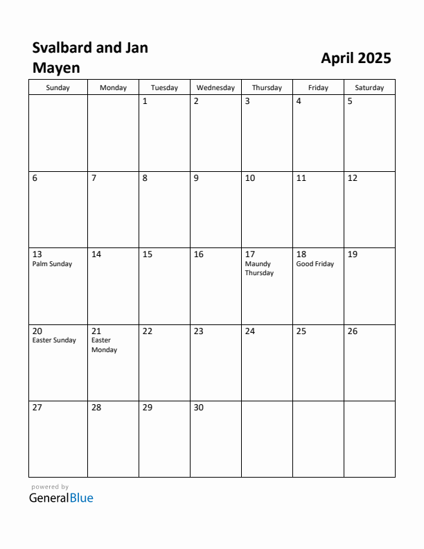 April 2025 Calendar with Svalbard and Jan Mayen Holidays