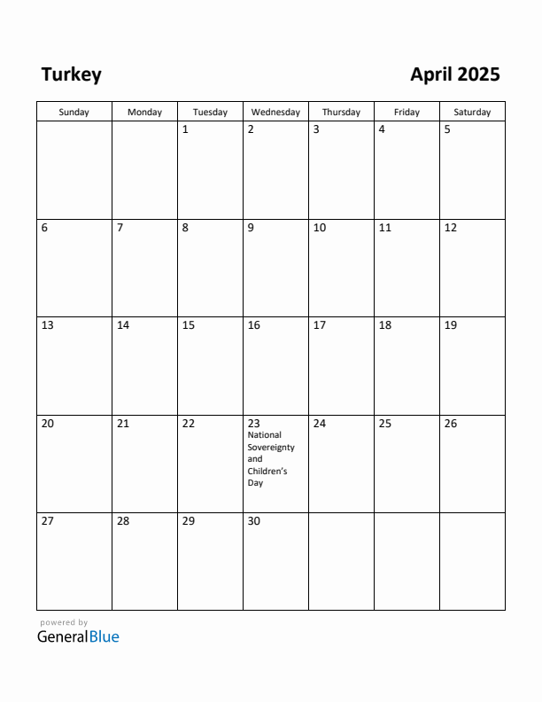 April 2025 Calendar with Turkey Holidays