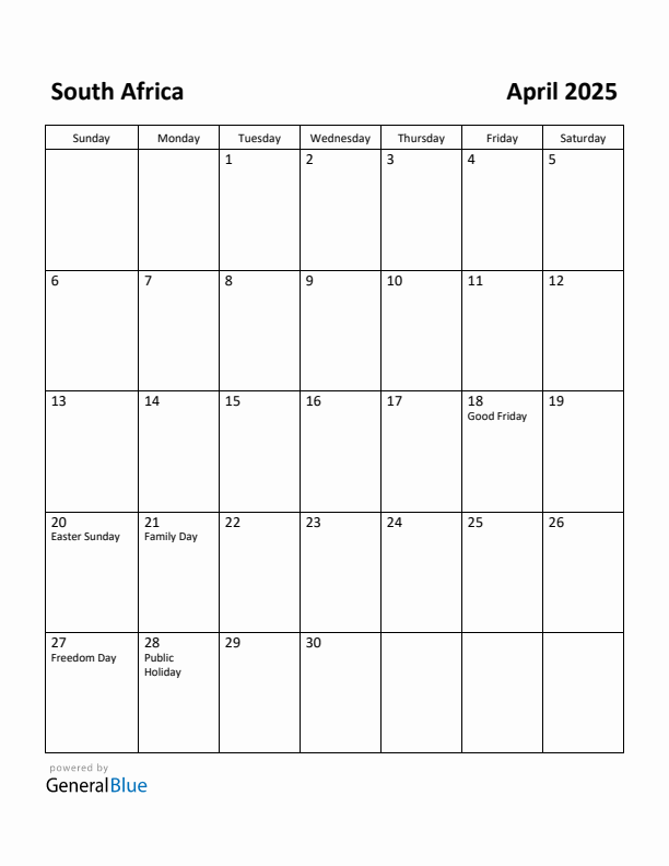 April 2025 Calendar with South Africa Holidays