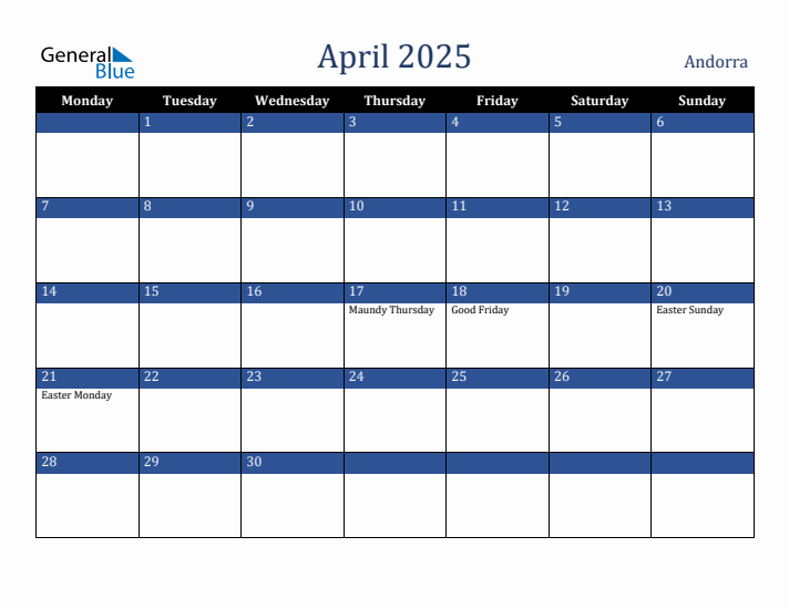 April 2025 Andorra Calendar (Monday Start)