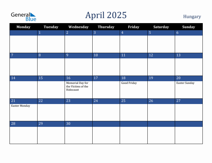 April 2025 Hungary Calendar (Monday Start)