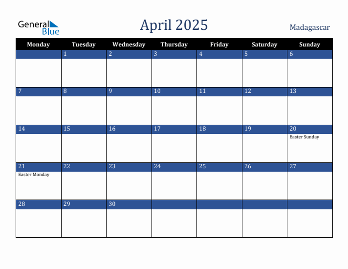 April 2025 Madagascar Calendar (Monday Start)