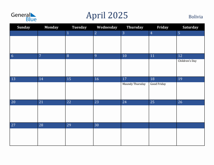 April 2025 Bolivia Calendar (Sunday Start)