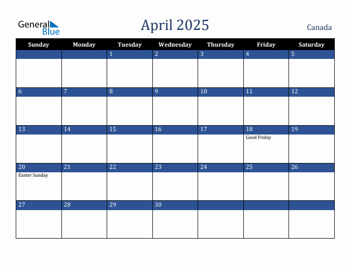 April 2025 Canada Calendar (Sunday Start)