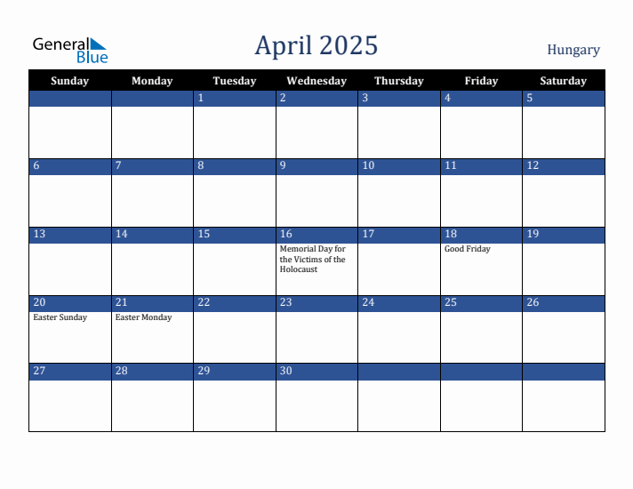 April 2025 Hungary Calendar (Sunday Start)