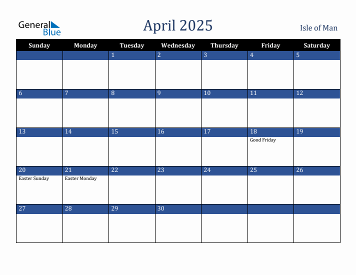 April 2025 Isle of Man Calendar (Sunday Start)