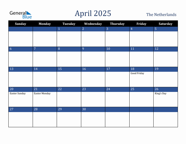 April 2025 The Netherlands Calendar (Sunday Start)