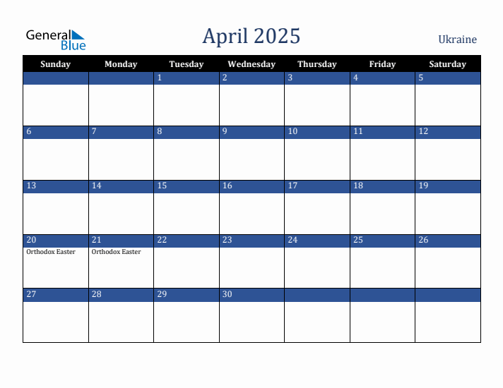 April 2025 Ukraine Calendar (Sunday Start)