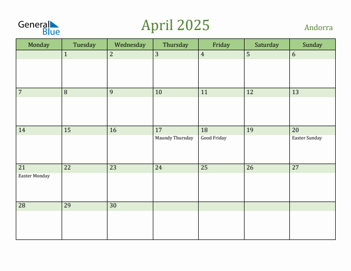 April 2025 Calendar with Andorra Holidays