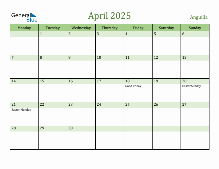 April 2025 Calendar with Anguilla Holidays