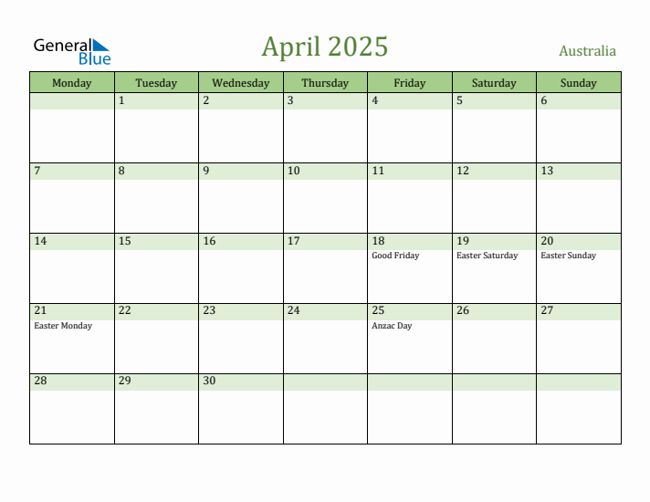 April 2025 Calendar with Australia Holidays