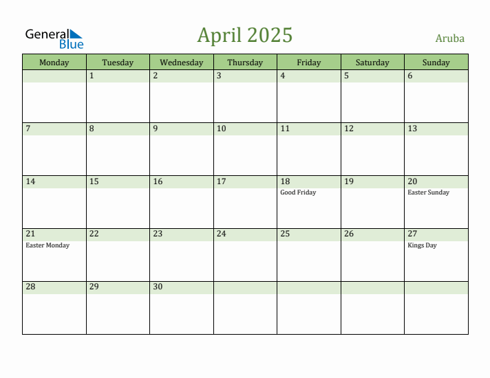 April 2025 Calendar with Aruba Holidays