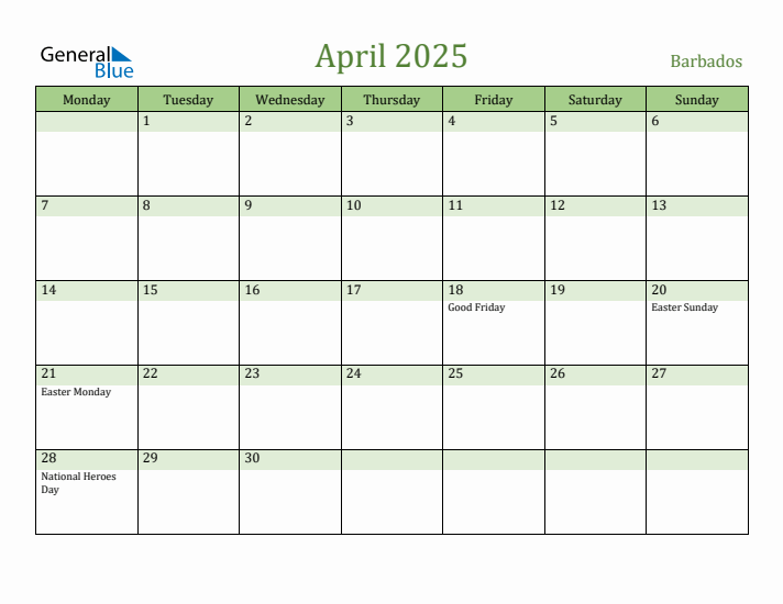 April 2025 Calendar with Barbados Holidays