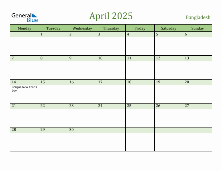 April 2025 Calendar with Bangladesh Holidays