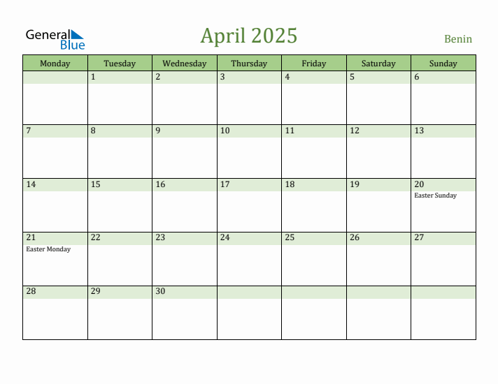 April 2025 Calendar with Benin Holidays