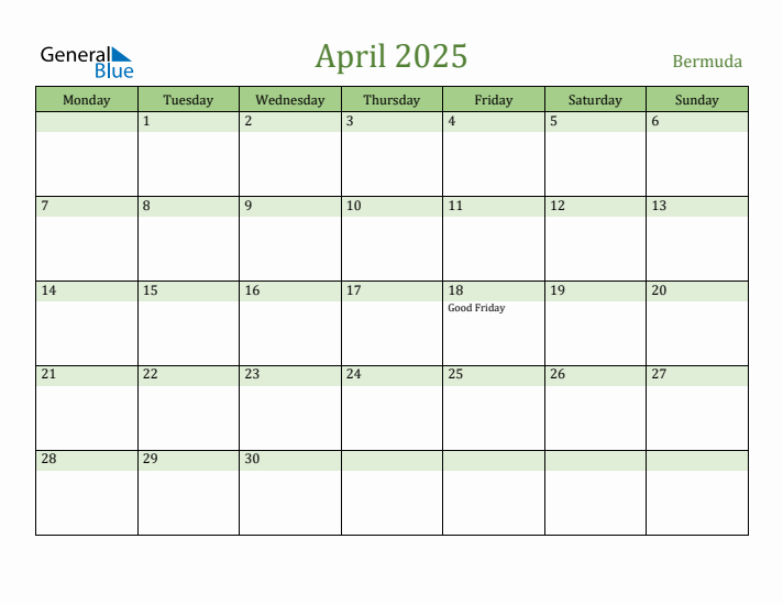 April 2025 Calendar with Bermuda Holidays