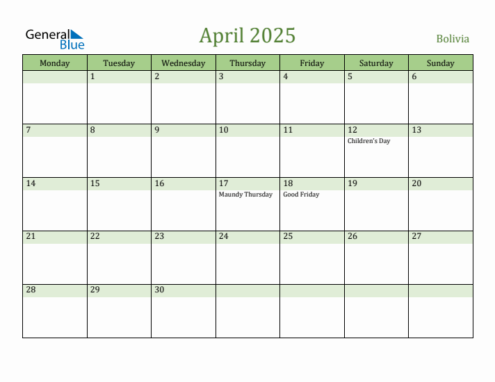 April 2025 Calendar with Bolivia Holidays