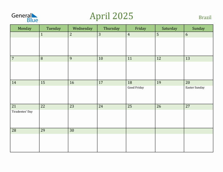 April 2025 Calendar with Brazil Holidays