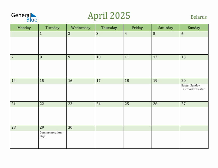 April 2025 Calendar with Belarus Holidays