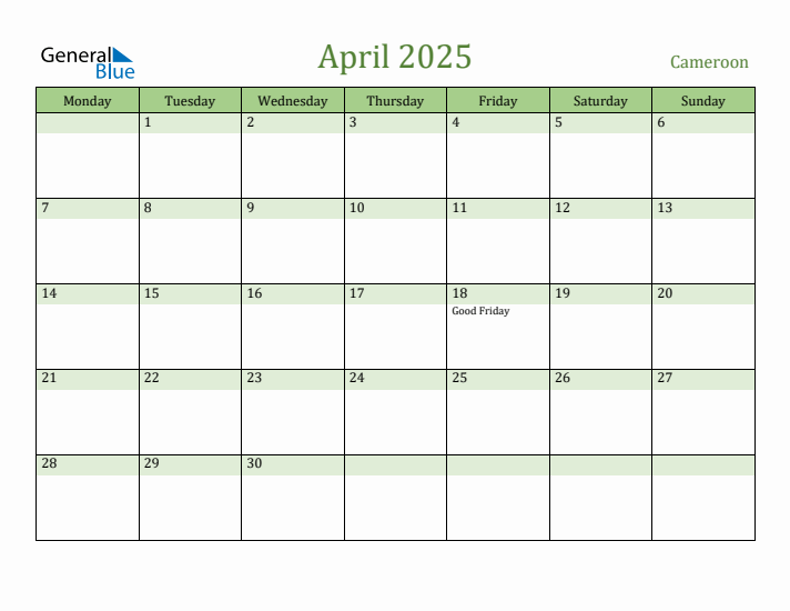 April 2025 Calendar with Cameroon Holidays