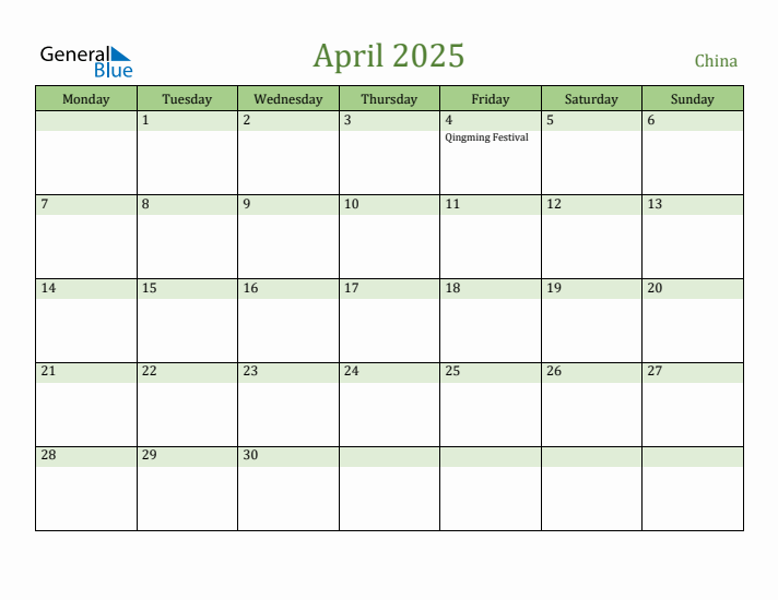 April 2025 Calendar with China Holidays