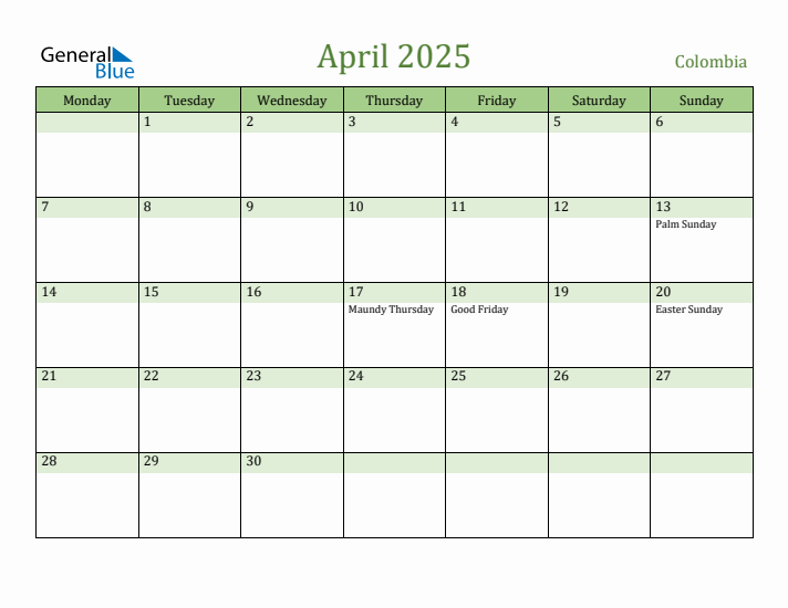 April 2025 Calendar with Colombia Holidays