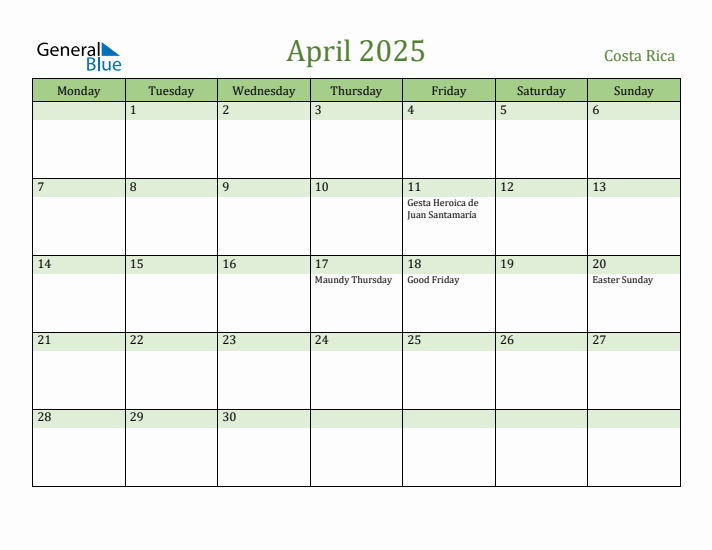 April 2025 Calendar with Costa Rica Holidays