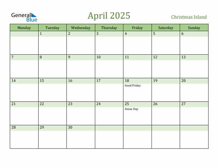 April 2025 Calendar with Christmas Island Holidays