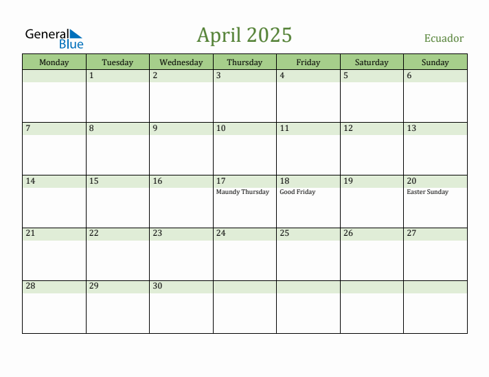 April 2025 Calendar with Ecuador Holidays