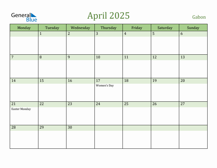 April 2025 Calendar with Gabon Holidays