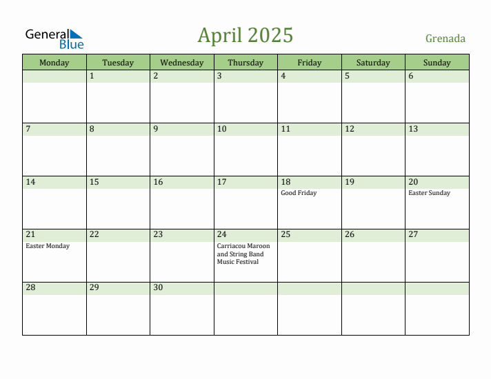 April 2025 Calendar with Grenada Holidays