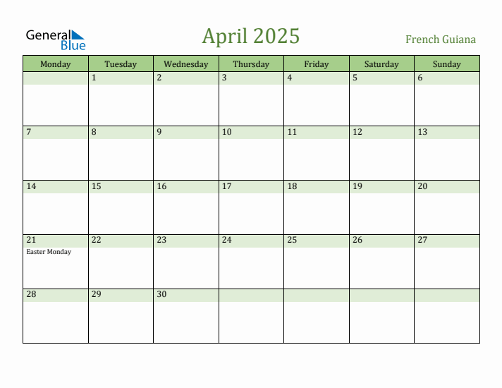 April 2025 Calendar with French Guiana Holidays