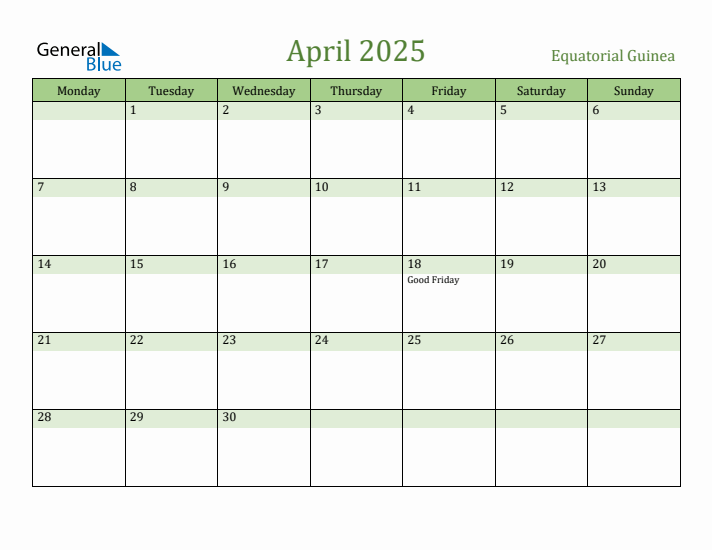 April 2025 Calendar with Equatorial Guinea Holidays